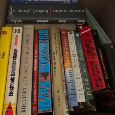 Sale Photo Thumbnail #145: Cardboard box packed with various hardcover and paperback books, featuring titles on history, biography, and fiction.
