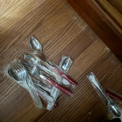 Sale Photo Thumbnail #118: Assorted stainless steel flatware, including red plastic-handled pieces, individually wrapped in protective plastic sleeves.
