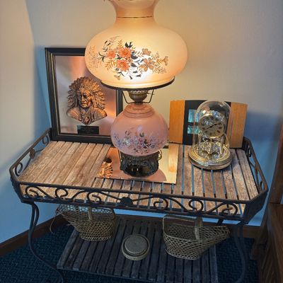 Sale Photo Thumbnail #78: Vintage pink hand-painted floral milk glass 3-way hurricane table lamp.