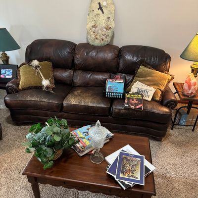 Sale Photo Thumbnail #61: Beautiful tufted leather couch with matching ottoman 