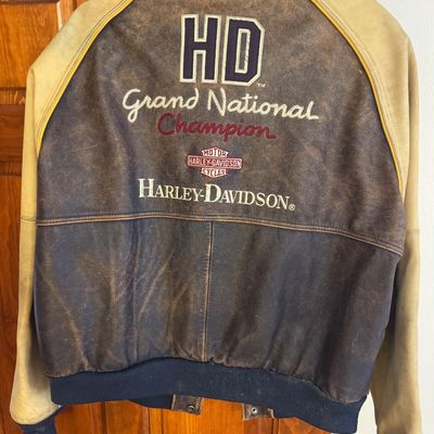 Sale Photo Thumbnail #155: Vintage Harley-Davidson Grand National Champion distressed leather varsity/bomber jacket