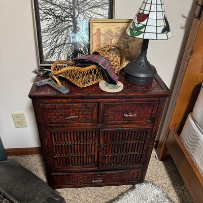 Sale Photo Thumbnail #113: Vintage burnt bamboo and rattan nightstand cabinet