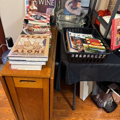 Sale Photo Thumbnail #16: Vintage mid-century modern wooden drop-leaf rolling storage table