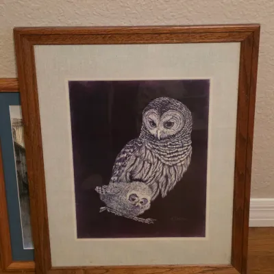 Framed owl artwork featuring a detailed scratchboard-style illustration of an adult owl and chick, set in a wood frame with a light mat.