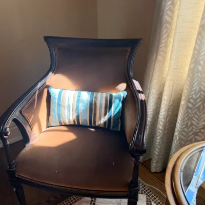 Sale Photo Thumbnail #61: Vintage French Provincial style armchair with brown upholstery, a dark wood frame, and a blue striped accent pillow.