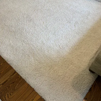 Sale Photo Thumbnail #164: Large contemporary off-white shag area rug laid over hardwood flooring.