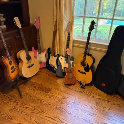Sale Photo Thumbnail #118: Collection of acoustic and electric guitars, a ukulele, and a soft guitar case lining a wall near a window.