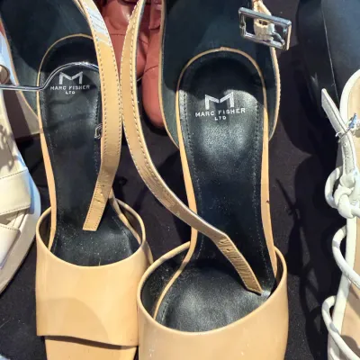 Sale Photo Thumbnail #106: Pair of Marc Fisher LTD nude patent leather open-toe heel sandals with ankle straps.