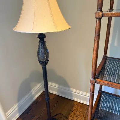 Sale Photo Thumbnail #43: Traditional floor lamp featuring a dark bronze finish, mosaic tile accent piece, and a fabric bell shade.