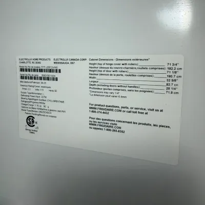 Sale Photo Thumbnail #133: Manufacturer specification label for a Frigidaire model FFU20F2VW0 upright freezer, manufactured April 2020.