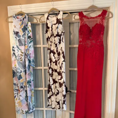 Sale Photo Thumbnail #108: Trio of women's formal gowns on hangers, including a colorful abstract print dress, a brown and white floral dress, and a red lace embellished evening gown.