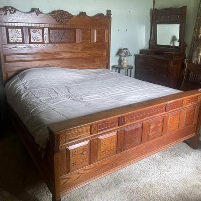 Professionally restored antique king-size bed frame and mattress set