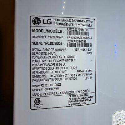 Sale Photo Thumbnail #12: Manufacturer specification and model sticker for an LG household refrigerator, showing model number LMXC23796D /00 and a 2017 production date.
