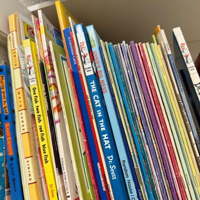 Sale Photo Thumbnail #58: Collection of vintage children's books arranged upright on a shelf, including titles by Dr. Seuss and Sesame Street.