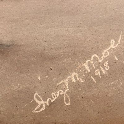 Sale Photo Thumbnail #37: Artist signature reading "Inez M. Moe" dated 1918 on an antique painting.