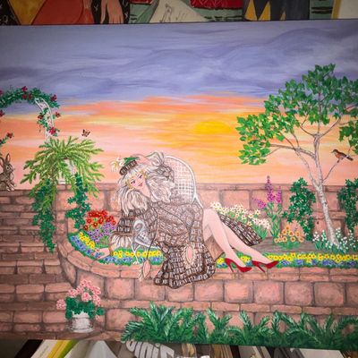 Sale Photo Thumbnail #90: Folk art style canvas painting depicting a woman relaxing in a colorful garden during a sunset.