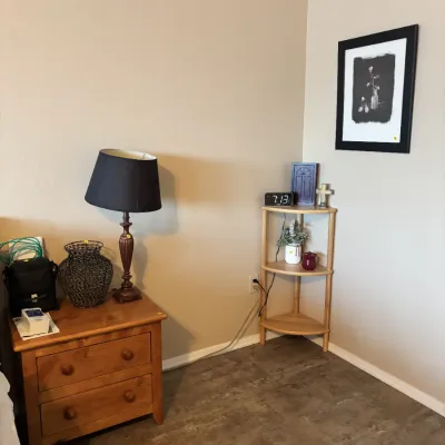 Sale Photo Thumbnail #18: Pine two-drawer nightstand with a dark shade table lamp, paired with a three-tier light wood corner shelf and framed wall art.