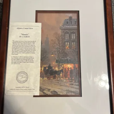 Sale Photo Thumbnail #36: Framed limited edition art print, "Memories" by G. Harvey, copyright 1987. Features a signed and numbered certificate of authenticity affixed to the white matting inside a dark wood frame.