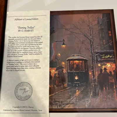 Sale Photo Thumbnail #37: G. Harvey "Evening Trolley" framed limited edition print, numbered 1263/2000, complete with Affidavit of Limited Edition certificate, dated 1987.