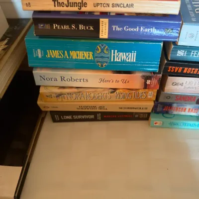 Stack of assorted paperback novels, including titles by Upton Sinclair, Pearl S. Buck, James A. Michener, and Nora Roberts.