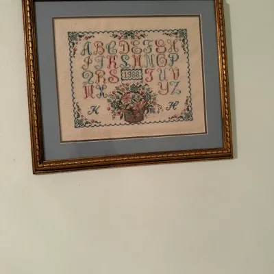 Framed cross-stitch alphabet sampler dated 1988, featuring colorful lettering, floral motifs, a blue mat, and a beaded gold-tone frame.