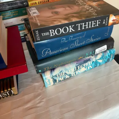 Stack of contemporary fiction and classic literature hardcovers, including Markus Zusak's The Book Thief and Kristin Hannah's...