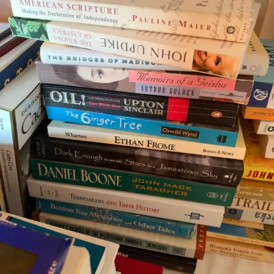 Stack of assorted paperback and hardcover books featuring historical fiction, classics, and American history titles.