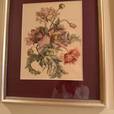 Botanical floral print depicting pink poppies, housed in a double-matted frame with a metallic gold finish.