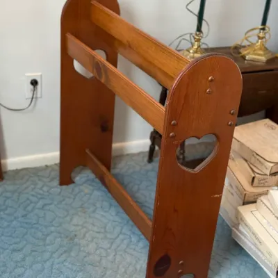 Sale Photo Thumbnail #20: Vintage country pine quilt or blanket rack featuring heart cutouts on the side panels.