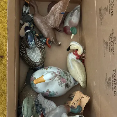 Sale Photo Thumbnail #37: Cardboard box filled with assorted duck figurines, including carved wood decoys, ceramic painted ducks, and fabric-covered models.