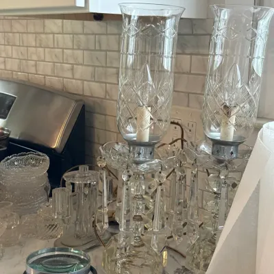 Sale Photo Thumbnail #119: Pair of vintage crystal hurricane-style table lamps with cut glass shades and hanging prisms.