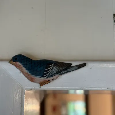 Sale Photo Thumbnail #101: Hand-painted wooden bird door topper or frame accent in folk art style.