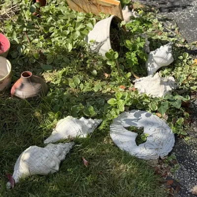 Sale Photo Thumbnail #250: Collection of outdoor garden decor items scattered in grass, including large conch shells, ceramic pots, and a stone stepping stone reading 'Peace'.
