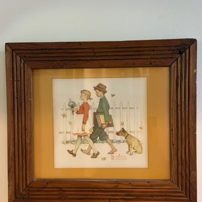 Sale Photo Thumbnail #52: Framed Norman Rockwell print depicting children walking to school, presented in a matted rustic wooden frame.