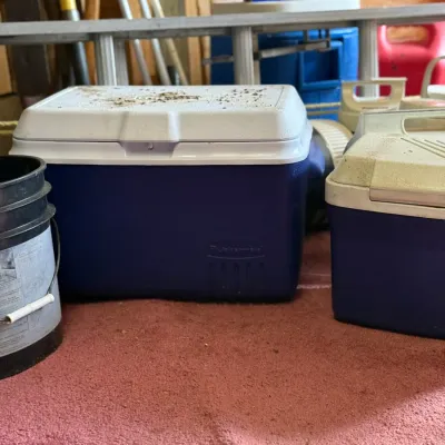 Sale Photo Thumbnail #217: Rubbermaid blue and white hard plastic coolers sitting alongside a black bucket in a garage.