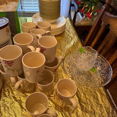 Sale Photo Thumbnail #13: Large set of ceramic dinnerware featuring botanical berry-patterned mugs, bowls, and plates alongside a cut glass serving platter and bowl.