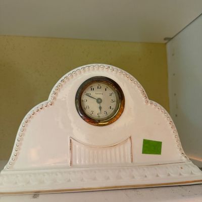 Sale Photo Thumbnail #68: Vintage white ceramic mantle clock with beaded trim and gold accents, featuring a Solberg dial face.