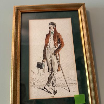 Sale Photo Thumbnail #51: Framed watercolor and ink fashion illustration of a 19th-century gentleman in a tailcoat and top hat, double-matted in dark green and presented in a gilded wood frame.