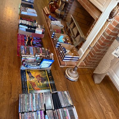 Sale Photo Thumbnail #32: Large collection of DVDs, CDs, and media organized in boxes lined along hardwood flooring near a fireplace hearth.