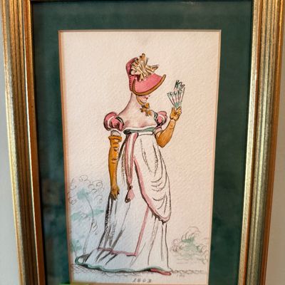 Sale Photo Thumbnail #53: Framed Regency fashion illustration depicting a woman in 1803 attire, framed in a vintage gilt wooden frame with green matting.