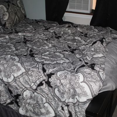 Sale Photo Thumbnail #70: Black and white paisley pattern comforter set on a bed frame, accompanied by matching pillow shams.