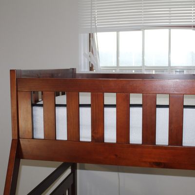 Sale Photo Thumbnail #78: Modern reddish-brown wooden bunk bed featuring slatted safety rails and an included mattress.