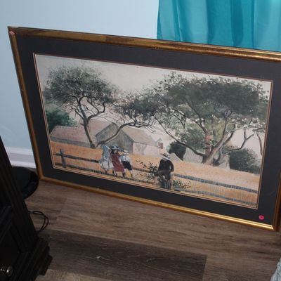Sale Photo Thumbnail #82: Large framed landscape art print depicting children sitting on a wooden fence near a rural farmhouse, double-matted in a metallic gold-toned frame.