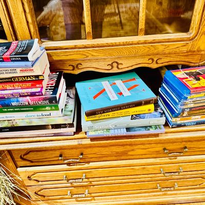 Sale Photo Thumbnail #16: Selection of mixed non-fiction books, language guides, and Blu-ray movies stacked on a vintage oak hutch.