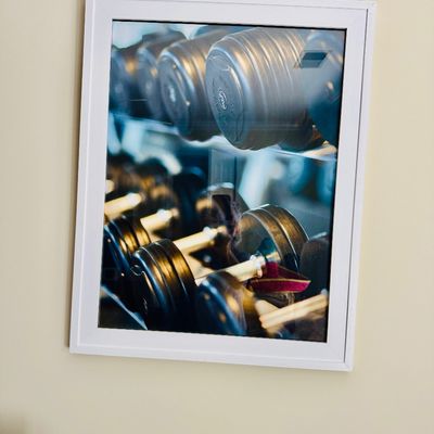 Sale Photo Thumbnail #45: Framed photographic print depicting a rack of dumbbells in a gym setting, presented in a simple white frame.