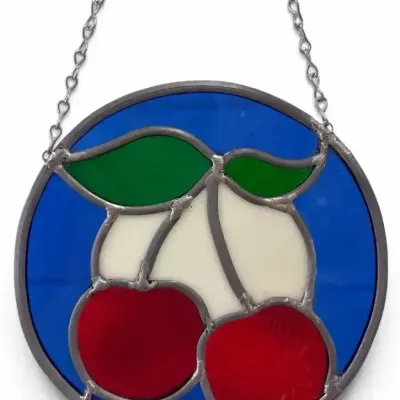 Round Cherry Motif Stained Glass Suncatcher Panel