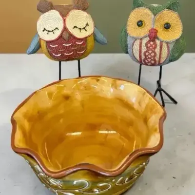 Pier 1 Imports Maroma Terracotta Bowl and Jozie B Rustic Owl Figurines Decor Lot