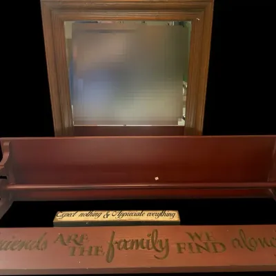 Wood Shelf, Framed Mirror & Decorative Phrase Signs