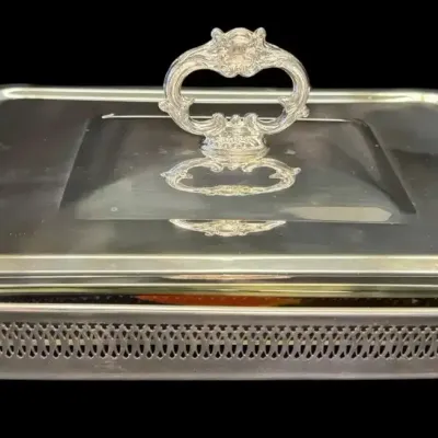 Never Used F.B. Rogers Silverplate 2 Qt. Food Warmer with Glass Dish