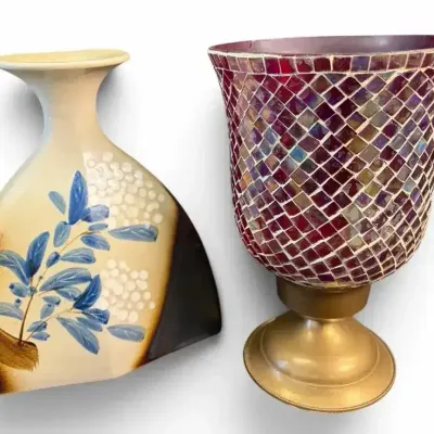 Mosaic Glass Votive & Ceramic Vase With Floral Accents